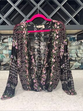 Sheer Floral Wrap Blouse in Black and Pink
